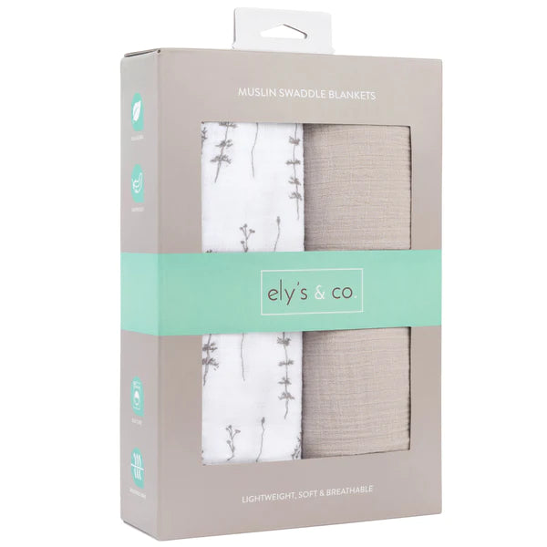 Cotton Muslin Swaddle Blanket - FOREST GREY LEAF AND PEBBLE GREY - 2 PACK