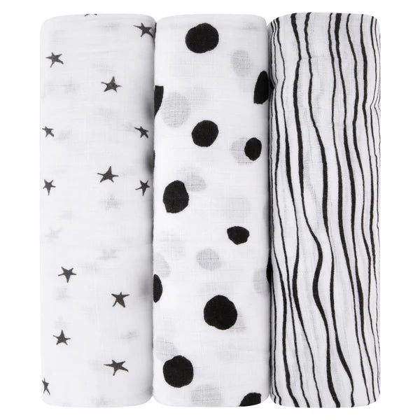 Cotton Muslin Swaddle Blanket - B&W ABSTRACT COMBO - 3 PACK