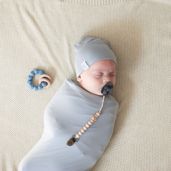 Jersey Knit Cotton Swaddle Blanket and Beanie Gift Set - MISTY BLUE