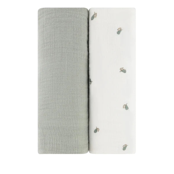 Cotton Muslin Swaddle Blanket - SAGE PEAR AND SOLID SAGE - 2 PACK