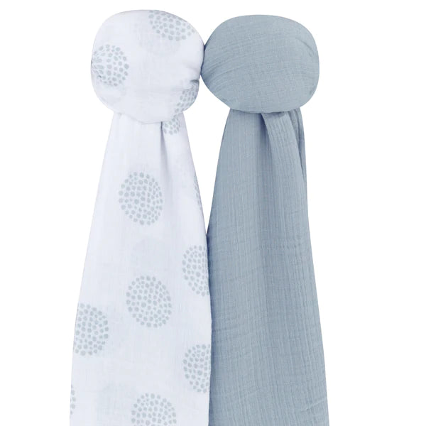 Cotton Muslin Swaddle Blanket - MISTY BLUE DOTTIE - 2 PACK