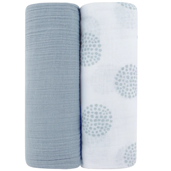 Cotton Muslin Swaddle Blanket - MISTY BLUE DOTTIE - 2 PACK
