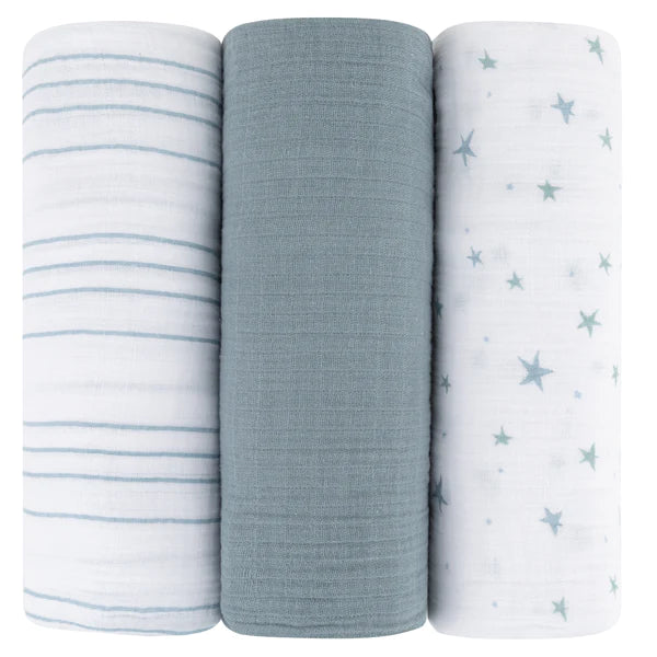 Cotton Muslin Swaddle Blanket - BLUE STAR COLLECTION - 3 PACK