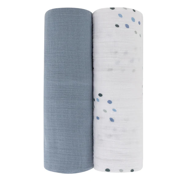 Cotton Muslin Swaddle Blanket - BLUE RAINDROP COLLECTION - 2 PACK