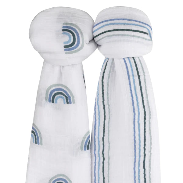 Cotton Muslin Swaddle Blanket - BLUE RAINBOW COLLECTION - 2 PACK