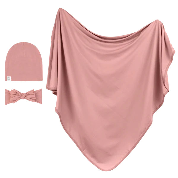Jersey Knit Cotton Swaddle Blanket , Beanie & Headband Gift Set - DUSTY ROSE