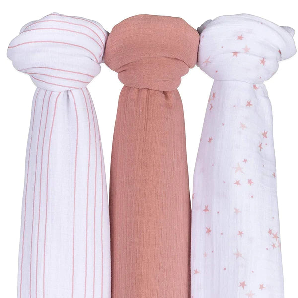 Cotton Muslin Swaddle Blanket - DUSTY ROSE STARS - 3 PACK