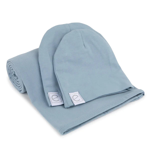 Jersey Knit Cotton Swaddle Blanket and Beanie Gift Set - DUSTY BLUE