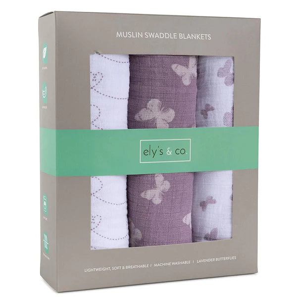 Cotton Muslin Swaddle Blanket - LAVENDER BUTTERFLY DESIGN - 3 PACK