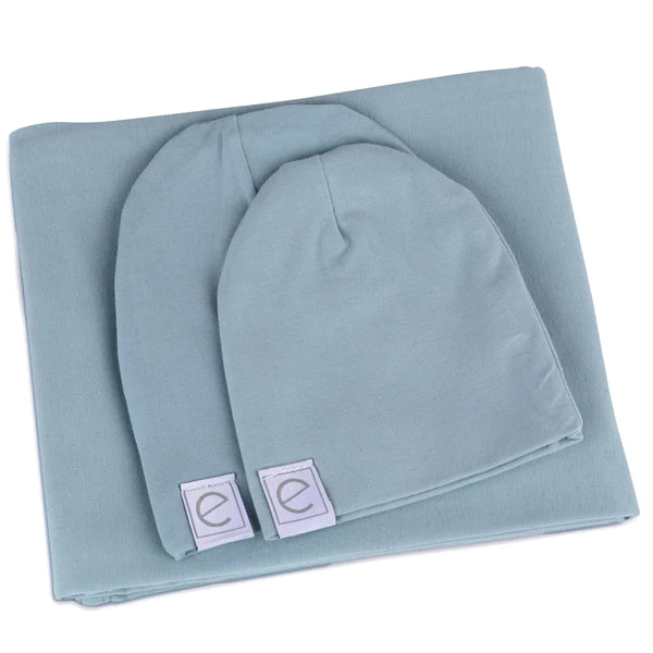 Jersey Knit Cotton Swaddle Blanket and Beanie Gift Set - DUSTY BLUE