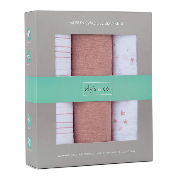 Cotton Muslin Swaddle Blanket - DUSTY ROSE STARS - 3 PACK