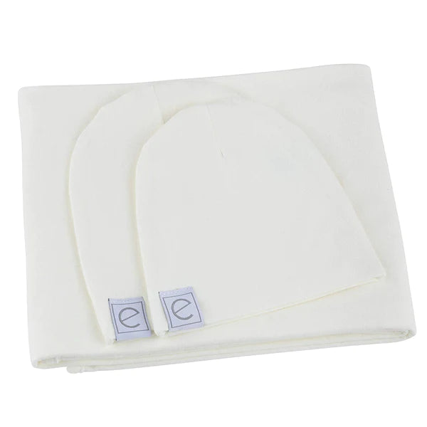 Jersey Knit Cotton Swaddle Blanket and Beanie Gift Set - IVORY