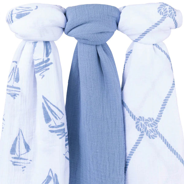 Cotton Muslin Swaddle Blanket - BLUE NAUTICAL - 3 PACK