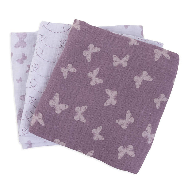 Cotton Muslin Swaddle Blanket - LAVENDER BUTTERFLY DESIGN - 3 PACK